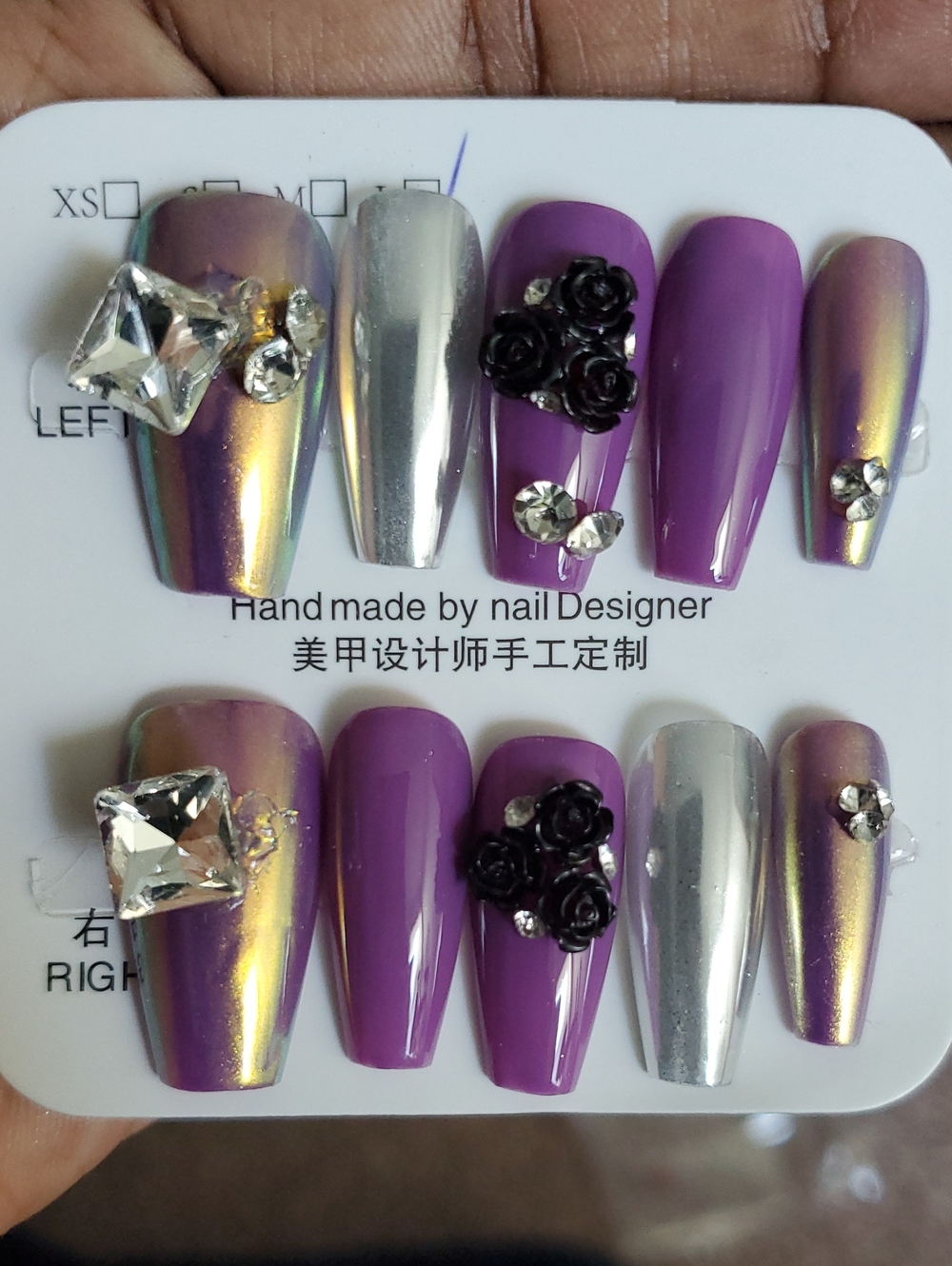Handmade Purple & Silver Press-On Nail Set with Rhinestones